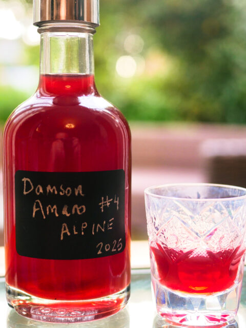 Bottle and glass of alpine damson amaro