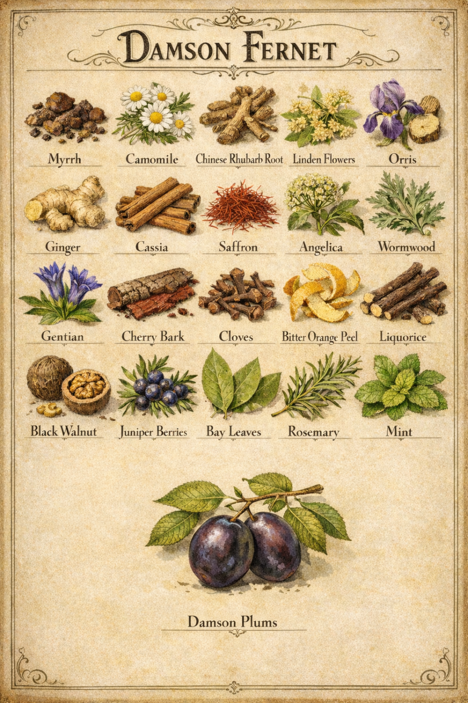 Illustration showing all ingredients of damson fernet