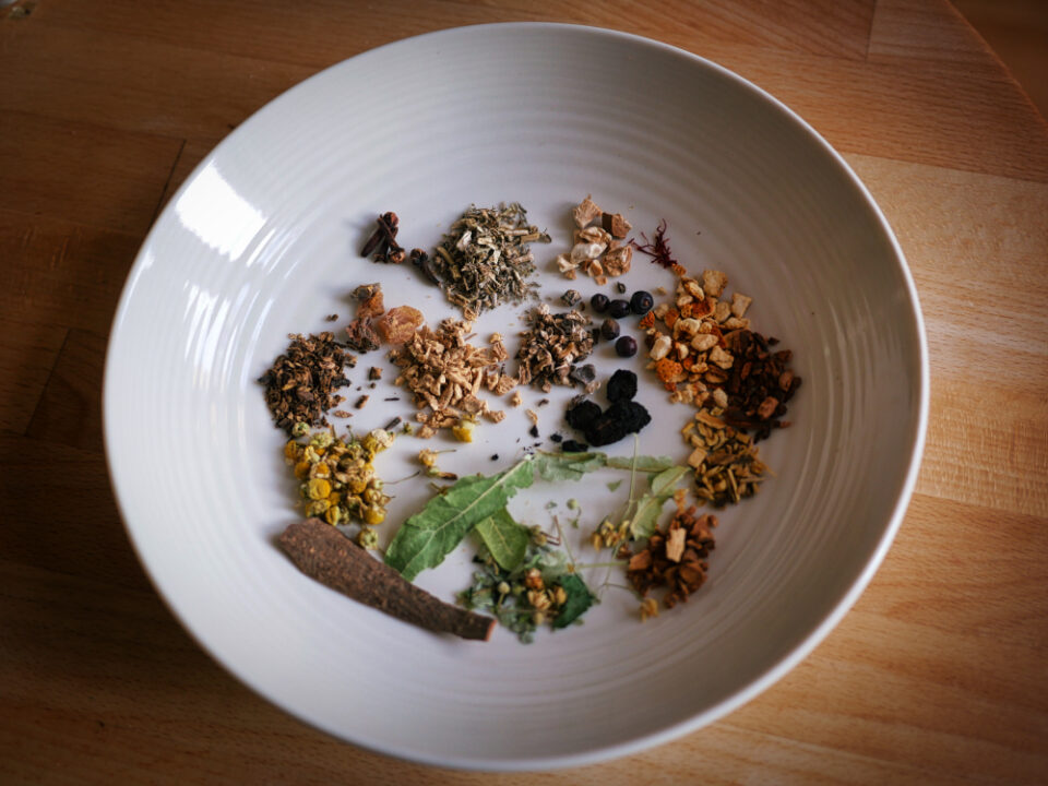 All the dried ingredients for the Damson Fernet recipe