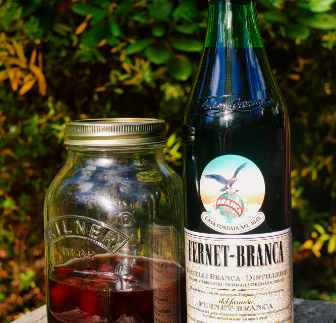 Damson Fernet jar with Fernet Branca bottle